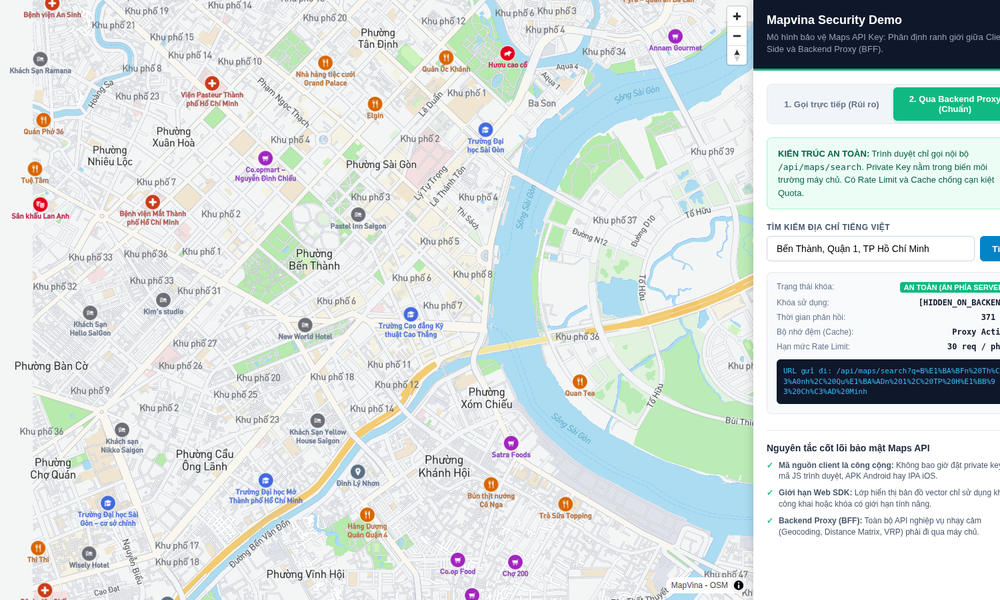 Mô hình bảo vệ Maps API Key qua Backend Proxy BFF và dashboard giám sát bảo mật Mapvina