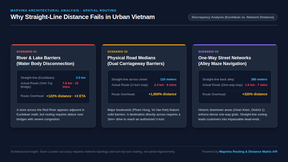 Discrepancy between Euclidean distance and real road routing in Vietnamese cities