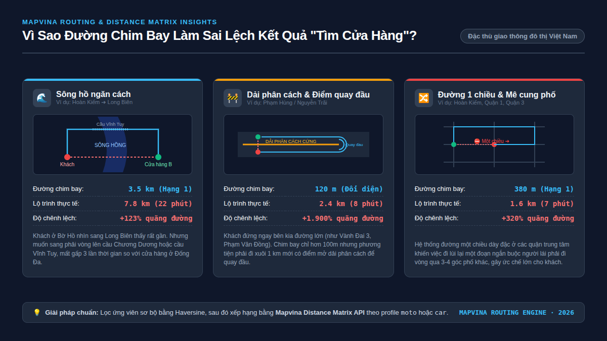 Sơ đồ phân tích nghịch lý giữa đường chim bay và lộ trình thực tế tại đô thị Việt Nam