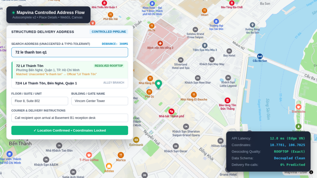 Mapvina Controlled Address Flow Interactive Demo UI Screenshot
