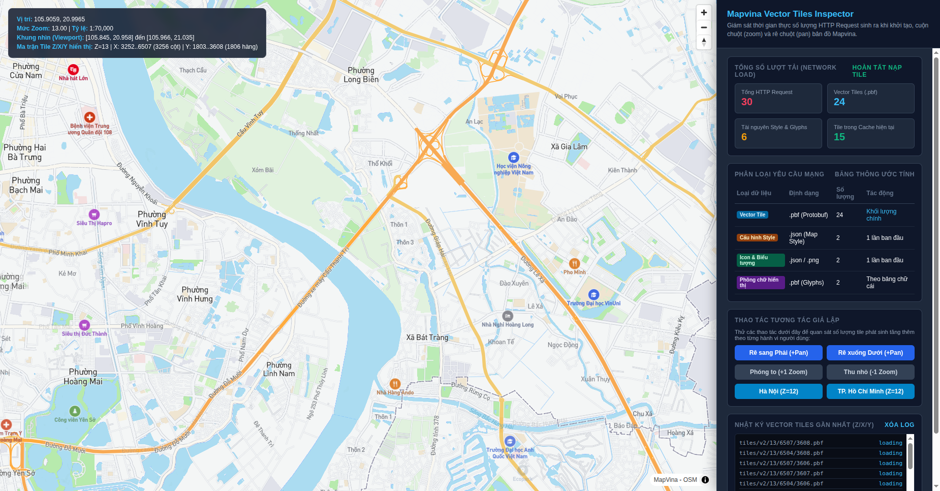 Request count expands to 30 requests during active panning and zooming interactions