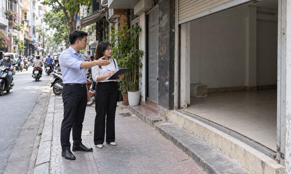 Nhóm phát triển mạng lưới bán lẻ khảo sát lối vào một mặt bằng cửa hàng tại Việt Nam